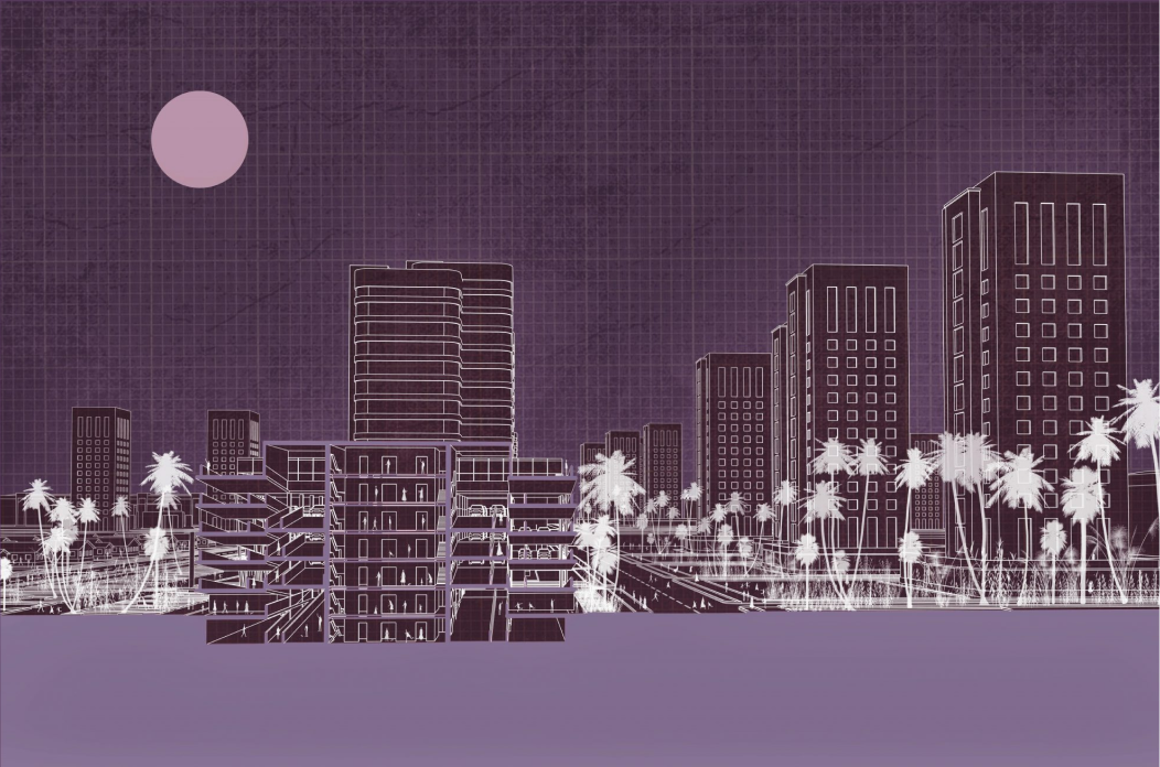 graphic section of building - purple theme